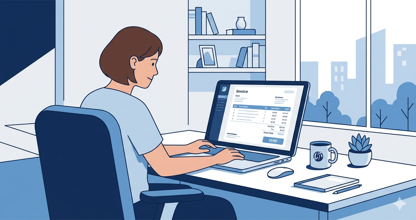 Freelancer creating an invoice on a laptop using a free invoice generator